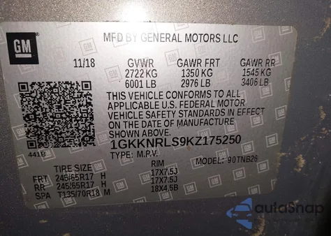 2019 GMC Acadia Sle-1 from USA, damaged, VIN 1GKKNRLS9KZ175250